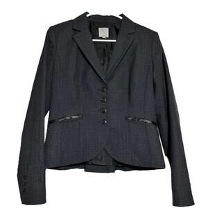 Halogen Blazer Micro Plaid Leather Trim Lined Long Sleeve Collared Gray Black 4